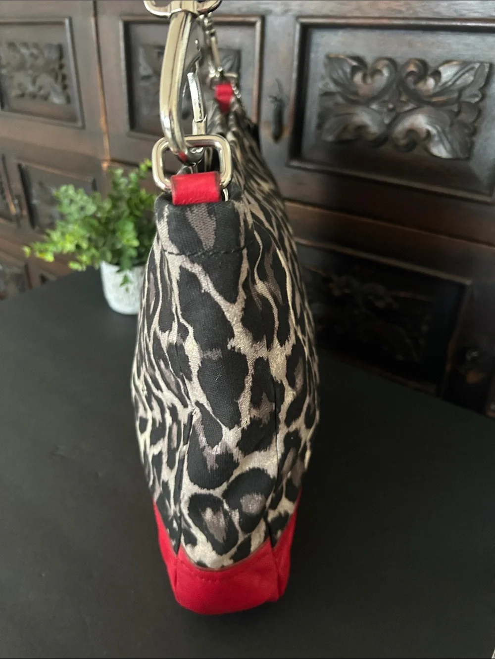Coach Leopard Print Canvas Shoulder Bag with Red Leather Trim